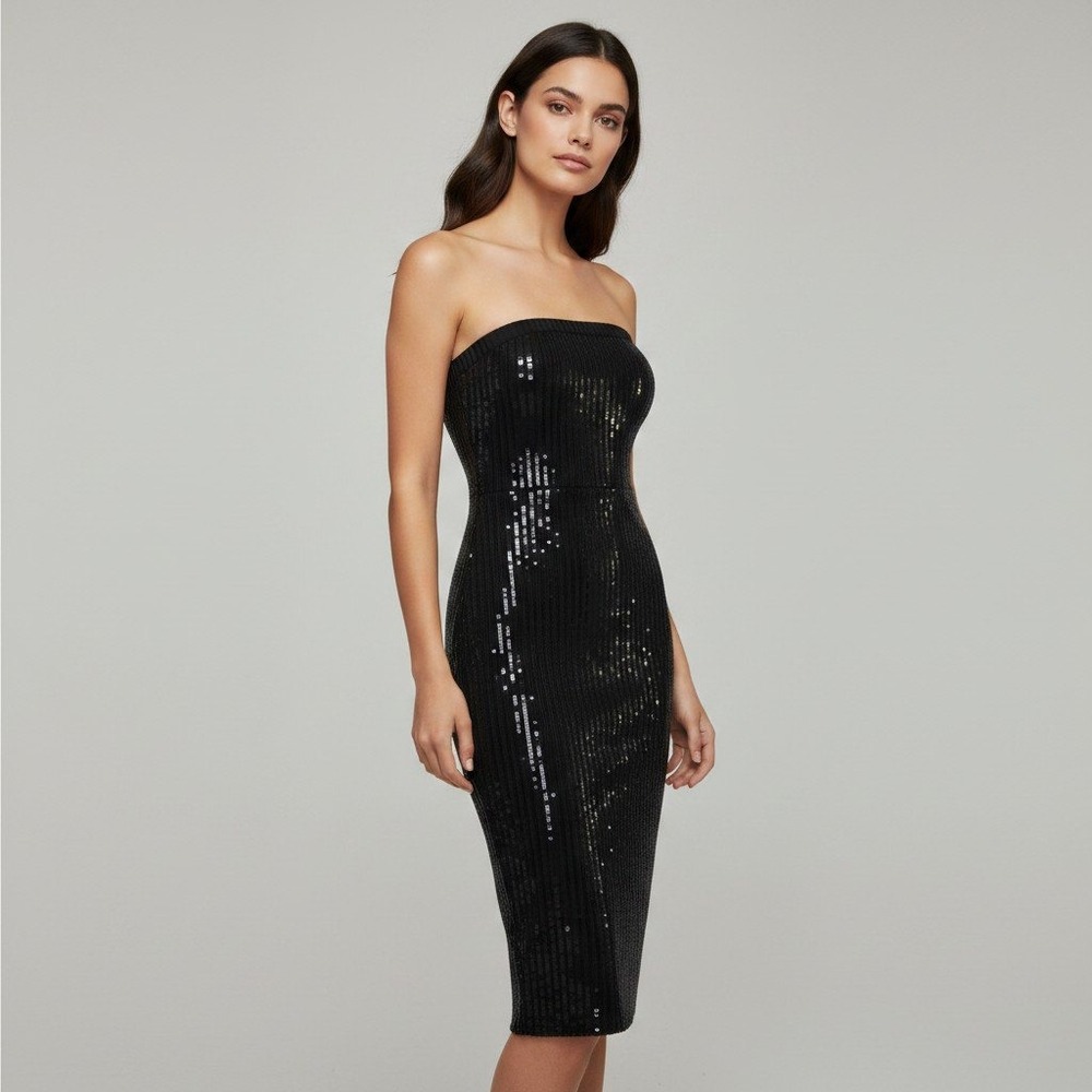 7 For All Mankind Black Sequin Knit Strapless Midi Dress 7N828F44 NWT Size Large